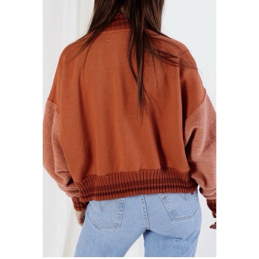 Free People Hollaback Bomber Jacket Snap Front Orange Spiced Brandy Sherpa Large - Picture 7 of 16